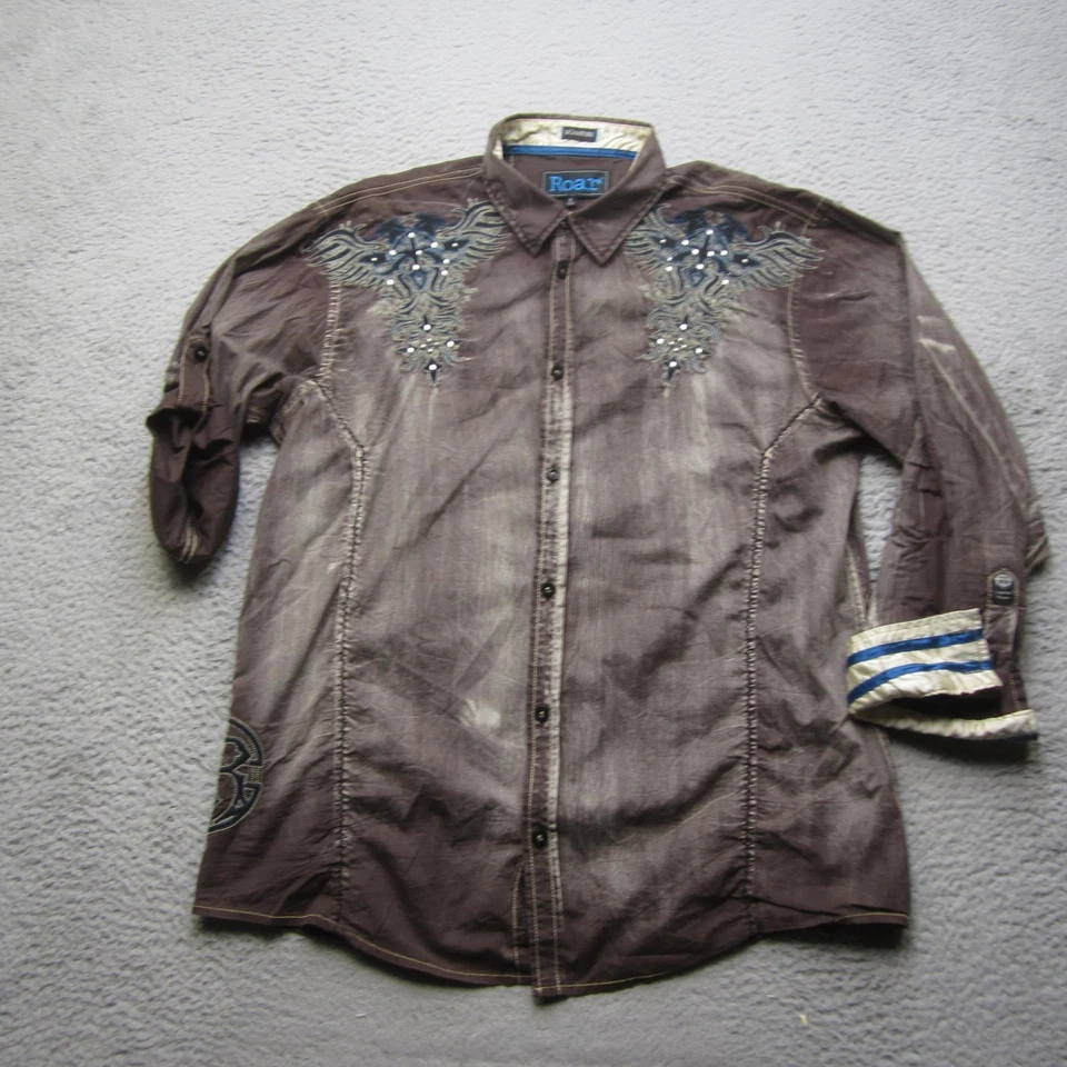 Camisa Roar Para Hombres Grande Marrón Bordado Cristal Perla Occidental Snap Lordship Foto 2 de 4