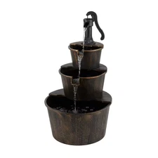 Waterfall Fountain 40 in Tall Outdoor 3-Tier Barrel Pump Brown Realistic Look