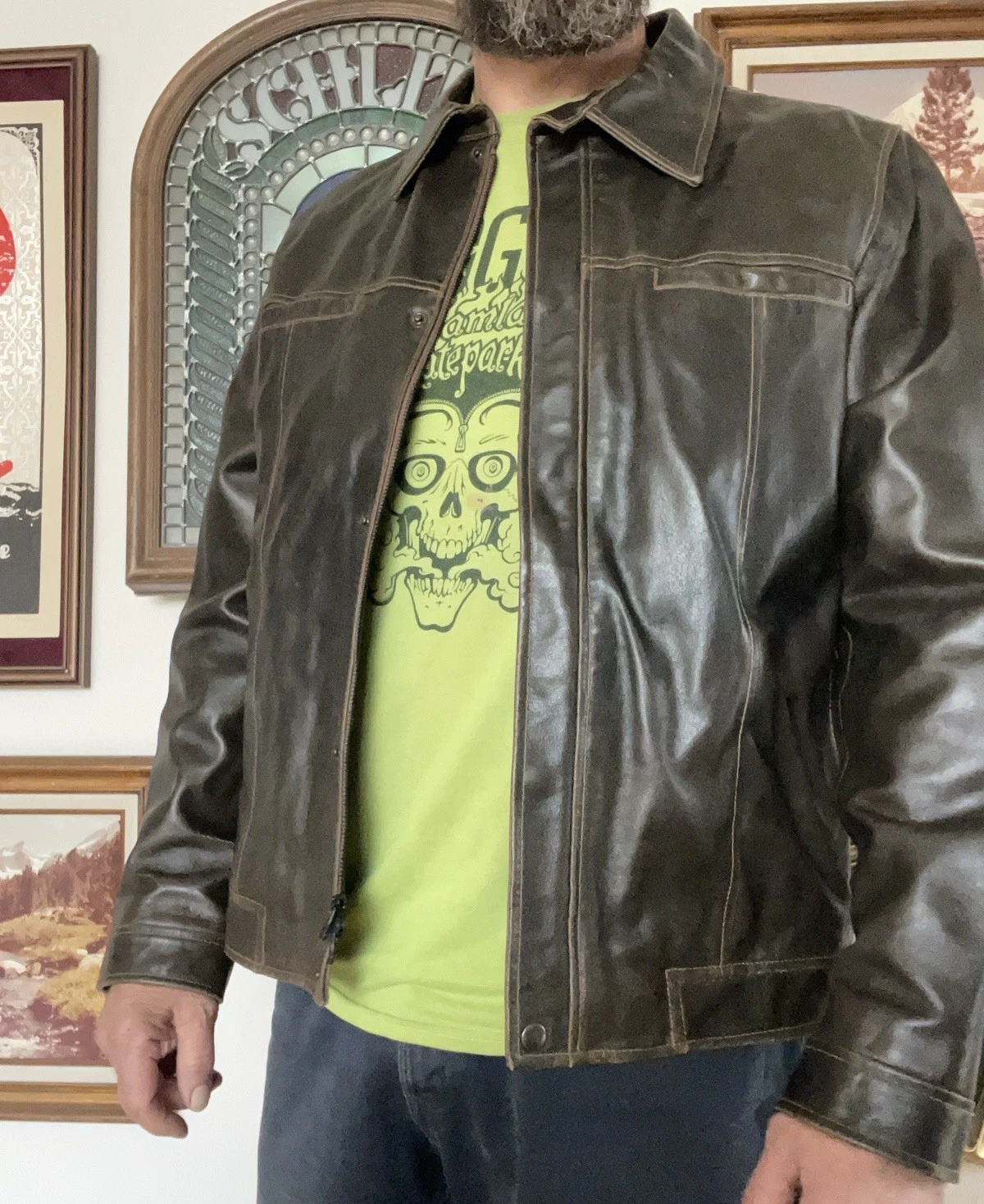 Vintage 2002 Gap Jacket Leather Aviator Snap Button Lined Brown Mens Medium Y2K image 5
