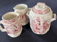 Antique Staffordshire Child's Red Transferware T-Set 4 pcs.- L'il May w/Dog/Eggs