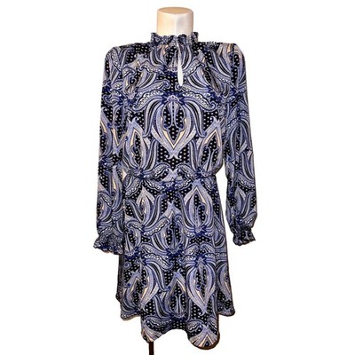 White House Black Market Blue Paisley Smocked Mock Neck Long Sleeve Dress S