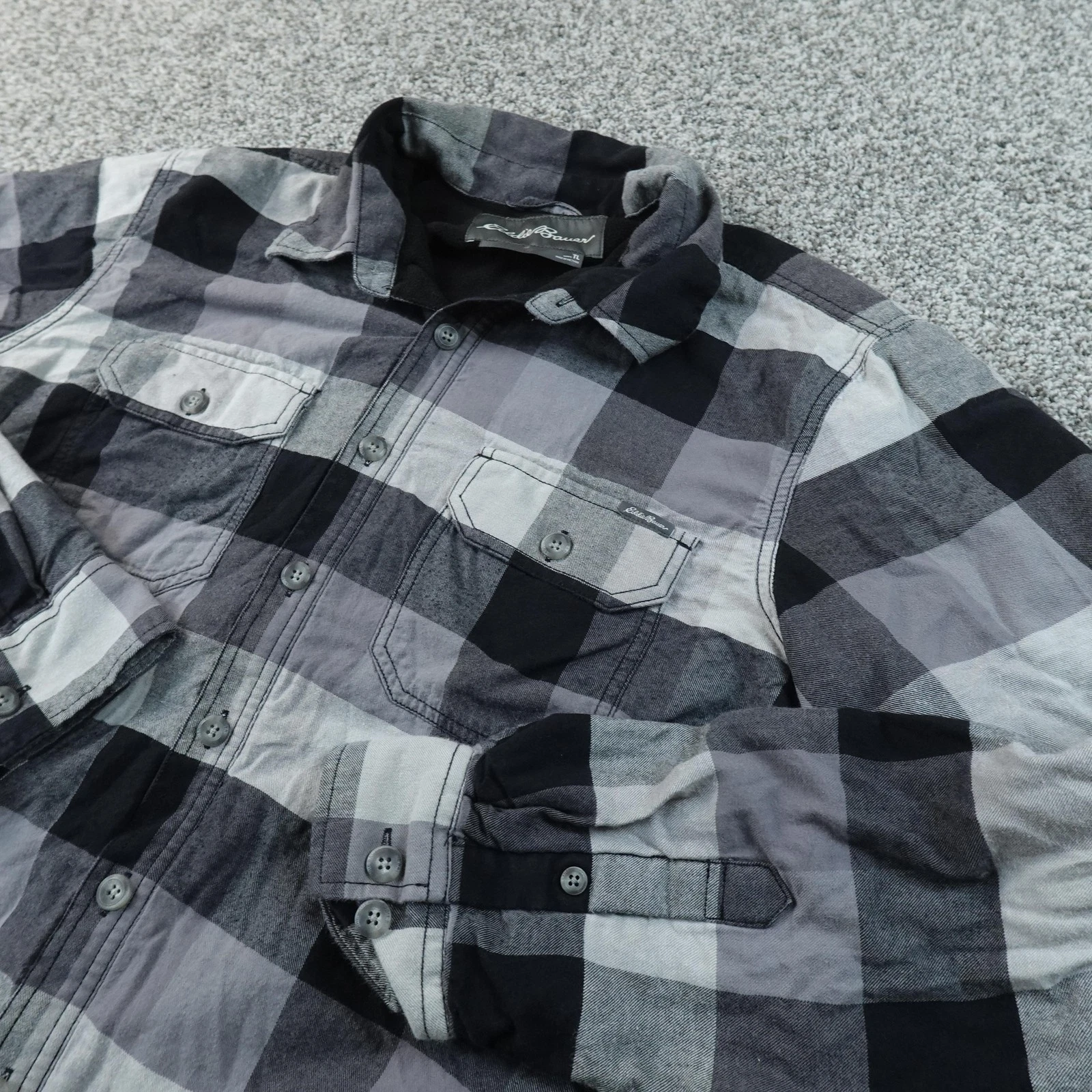Eddie Bauer Jacket Mens LT Gray Plaid Fleece Lined Shirt Shacket Coat Outdoor