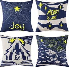 Christmas Pillow Covers 18 X 18 Inch Set of 4 Nativity Scene Jesus Bethlehem Sta
