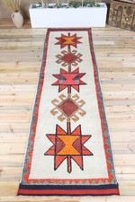 Turkish 3,1x11,2 ft Rug, Runner Vintage Rug, Gray Orange Geometric Rug