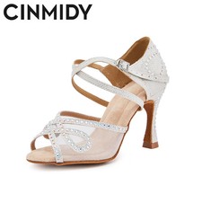 Women White Mesh Dance Shoes Tango Salsa Latin Shoes Indoor Party Sandals Heel