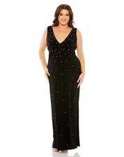Mac Duggal 68353 New Black Rhinestone Embellished Open Back Jersey Gown Size 16W