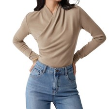 OGL Eco Mousse Surplice Wrap Blouse Medium Tan Soft Stretchy Office Workwear NWT