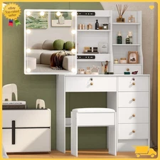 Vanity Table Set LED Makeup Mirror Dressing Table With Drawers Stool for Girls