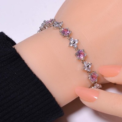 Pink Rose Quartz & Cubic Zirconia 925 Sterling Silver Tennis Bracelet 8.99'' B41