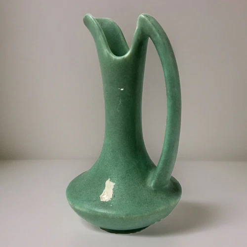 Niloak Ewer Vintage 40’s Art Pottery Pearled Green Vase w/Handle 6.75” Satin
