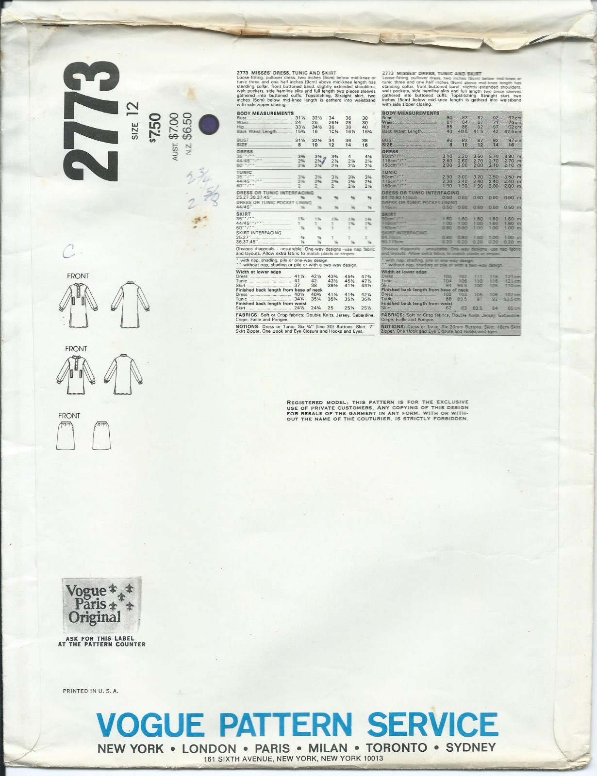 Vogue 2773 sewing pattern DRESS TUNIC SKIRT & LABEL sew Yves Saint Laurent UNCUT