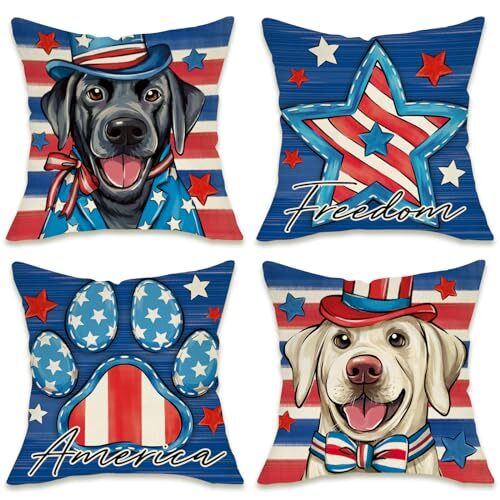 4th of July Dog Patriotic Decorative Throw Pillow Covers 18 x 18 Set Labrador - Picture 1 of 6