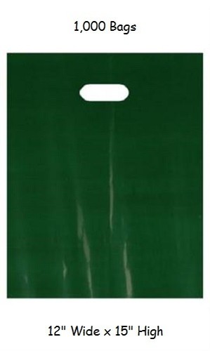 Plastic Bags Shopping Dark Green Merchandise Gift 1000 12" x 15 Diecut Handles - Picture 2 of 3