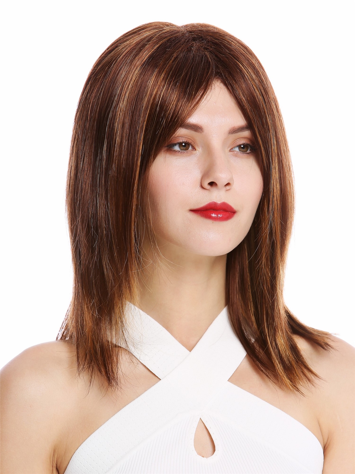 Brown Blonde Mix Mid-Long Wavy Wig with Fringe for Women