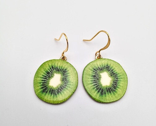 Metal Kiwi Slice Summer Fruit Gold Earrings