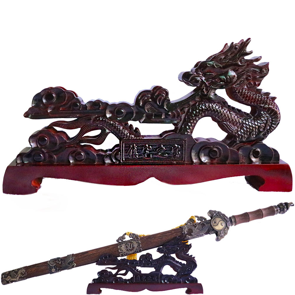Wood Samurai Sword Katana Wakizashi Stand Sword Holder Rack Dragon 