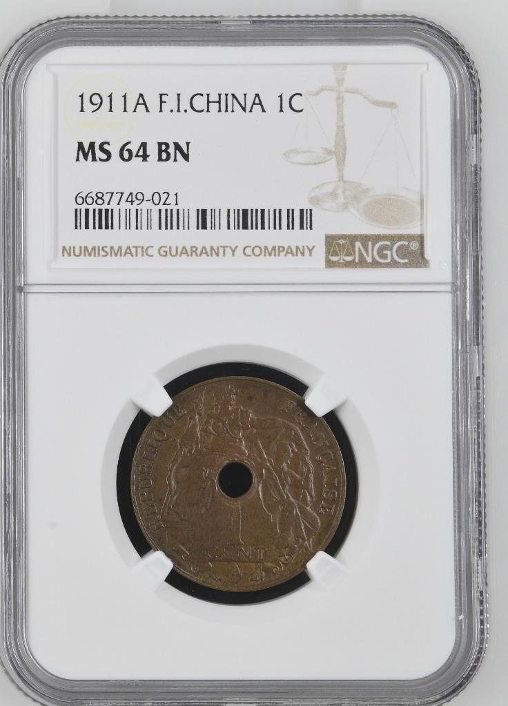French Indochina 1 Cent 1911A NGC MS 64 BN