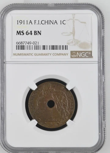 French Indochina 1 Cent 1911A NGC MS 64 BN