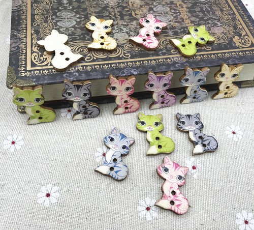 50pcs Wooden buttons Cartoon Mixed Cat Fit sewing or scrapbooking crafts 27mm - Picture 4 of 5
