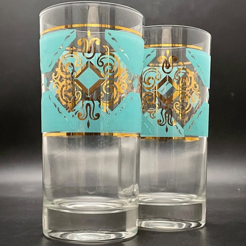 Libbey Glass MCM Turquoise & 22kt Highball/Tumbler Glass 2pc Set USA 5.5"t 10oz - Picture 11 of 11
