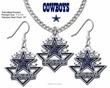 DALLAS COWBOY NECKLACE EARRING SET STAINLESS STEEL CHAIN NFL FOOTBALL FREE SHIP'