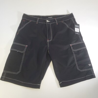 True Religion Cargo Shorts Jet Black White Stitch 108056 US Men