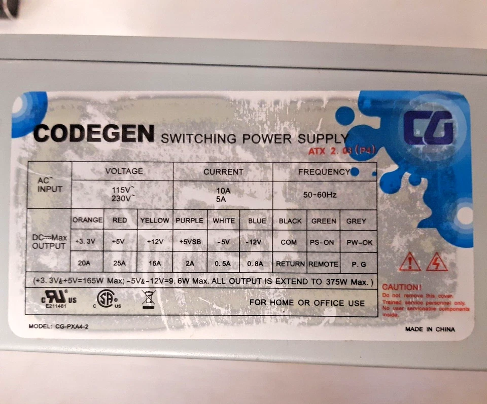 CODEGEN 375W ATX PSU CG-PXA4-2 ATX 2.03 (20+P4 READY) POWER CABLE & MNT HDWR NOS - Image 2 of 4