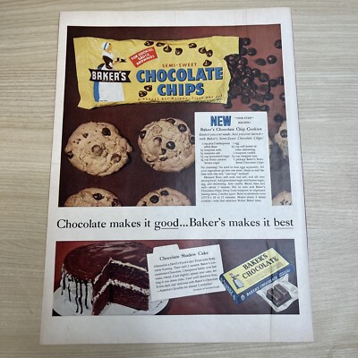 Baker's Chocolate Chips Cookies Recipe 1955 Vintage Print Ad Life Magazine