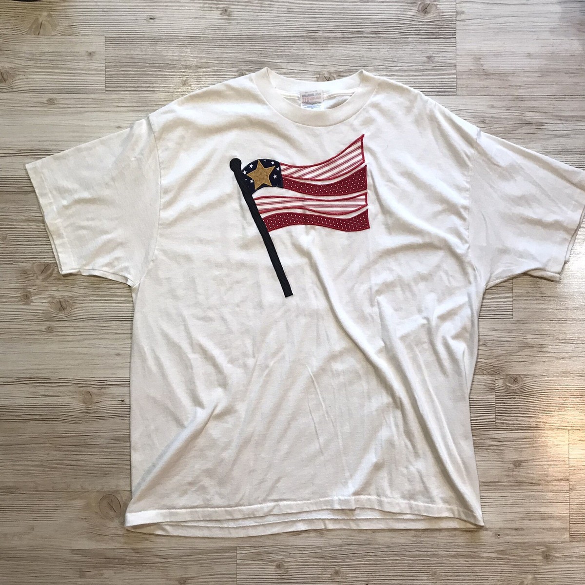 Vintage American Flag T Shirt 2XL White Embroidered USA America
