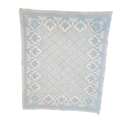 Vintage 50s Blue Baby Blanket Reversible Satin Trim Floral White Well Loved