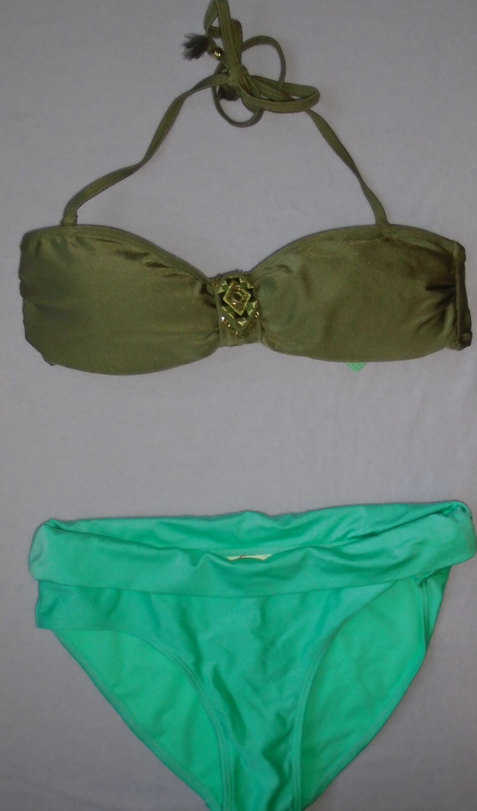 Accesorio Bandeau Bikini Caqui Top Talla 10 y Aqua Briefs Talla 8 Etiquetas Nuevas Nuevo con Etiquetas