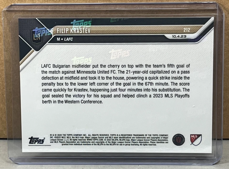 2023 TOPPS NOW MLS #212 FILIP KRASTEV LAFC 1st MLS goal Purple Parallel 12/25 - Image 3 of 3