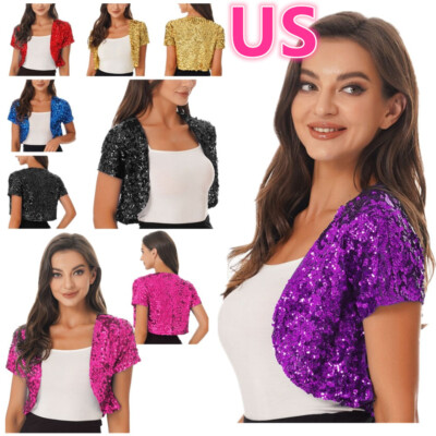 Women's Shiny Sequin Jacket Short Sleeve Blazer Bolero Shrug