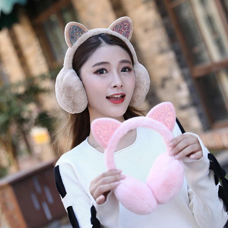 Women Girls Winter Fluffy Earmuffs Plush Warm Ear Muffs Shiny Sequin Earcap  Soft