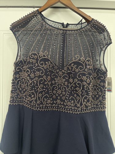 $ 279 Xscape Damen Übergröße Perlen Pailletten Illusion Ausschnitt Jerseykleid, marineblau, 14W - Bild 3 von 9