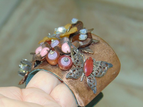 MIRIAM HASKELL VINTAGE Stones Rhinestone & Beaded Copper CUFF BRACELET SIGNED - Picture 5 of 12