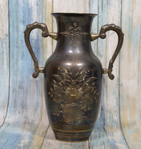 Vintage Brass Handled Vase Urn Etched Floral Made In India Antique - Picture 2 of 8