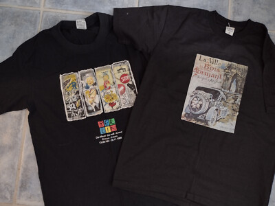 Lot of 2 Travel Theme Tshirts Raffles Angkor Wat + Berlin Wall Die Mauer Sz Med
