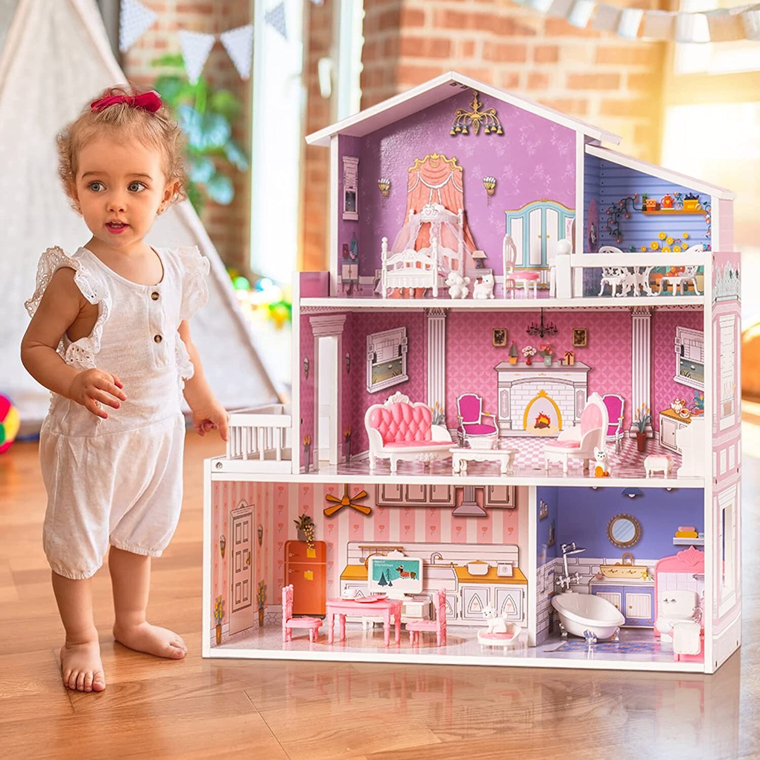 ROBOTIME 3 Levels Wooden Dollhouse Furniture Dreamhouse Girls Mansion Gift WDH03