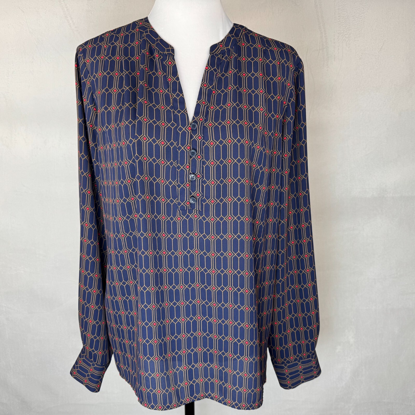 Pleione Women Blouse Sz L Blue Red Split Neckline Button Front Long Sleeves