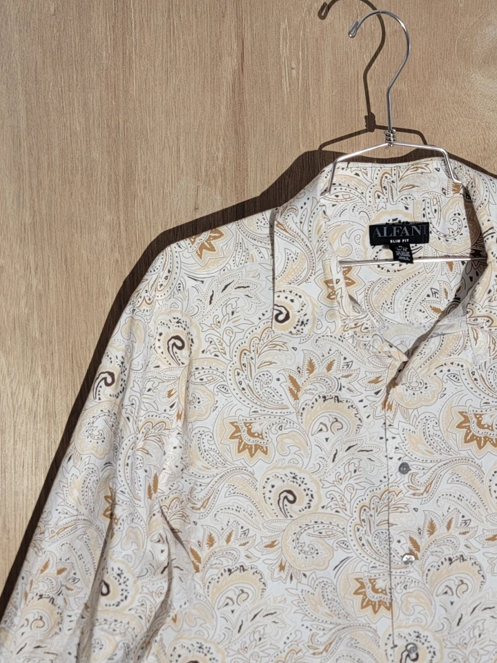 Alfani Slim Fit Hombre Manga Larga Abotonada XL 17-17.5 Cachemira Beige Dorado Blanco Foto 2 de 4