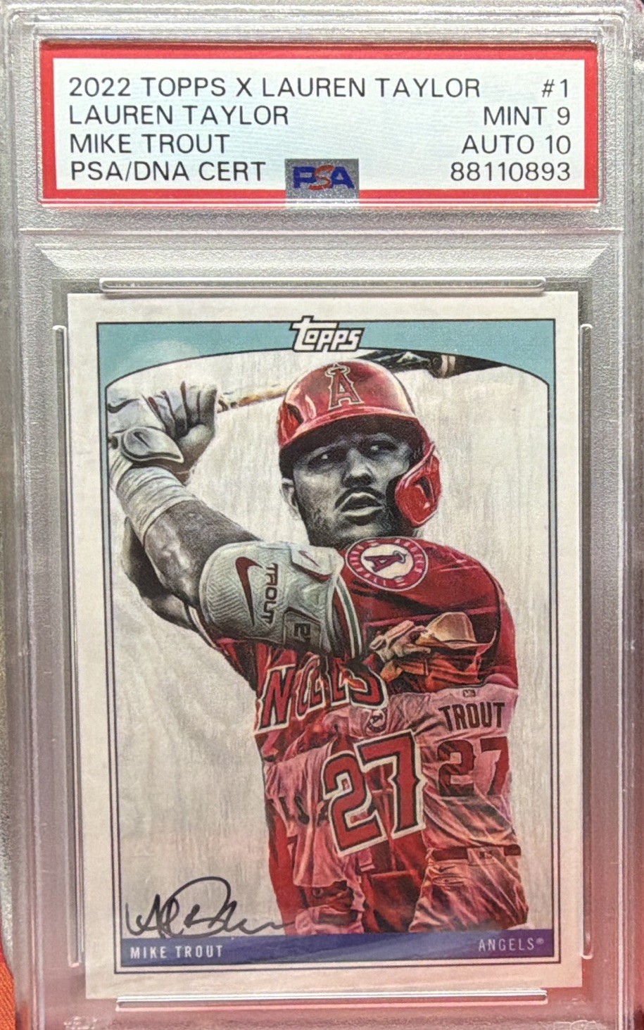 Topps 2022 Topps X Lauren Taylor Wave 1 Mike Trout #1 Base Auto PSA 9/10 PSA/DNA