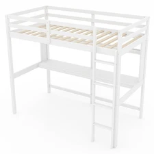 Twin Loft Kid Slatted Wood Bed Frame Ladder Desk Storage Shelf White