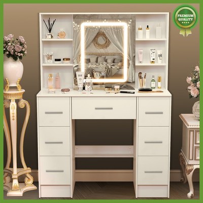Neu Vanity Make-up Umkleidetisch Set w / 7 Schubladen und LED-Lichtspiegel