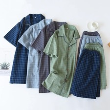 Men's Pajama Set Cotton Short Sleeve Shirt Shorts Plaid Button Sleepwear