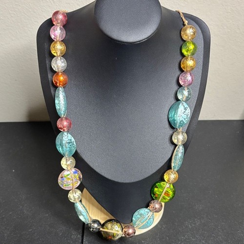 NECKLACE MURANO Glass Hand Made Beads Metallic Gold Blue Yellow Green