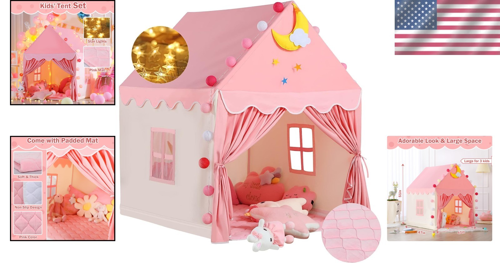 Large Princess Play Tent with Non-Slip Mat & Glittering Star Lights - 50" High