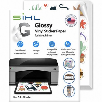 SIHL Premium Printable Glossy Vinyl Sticker Paper for Inkjet 50 Sheets 8.5''x11''