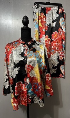 Natori Satin Geisha Floral Loungewear Pajama 2 Pc Set Sz L  Luxury Sleepwear