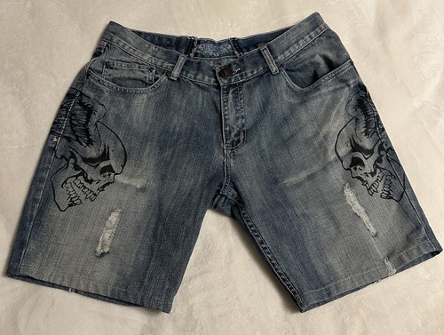 Vtg Y2K Affliction Skull Jean Shorts Men’s 34 Skater Grunge Distressed Cotton